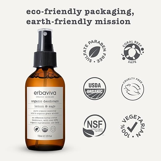 Erbaviva Lemon &amp Sage Organic Deodrant 3.5 Fl Oz - Underarm Spray with Powerful All Natural Essential Oils - Unisex Warm &amp Woodsy Smelling Deodorant For Odor Protection Aluminum and Chemical