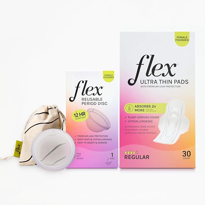 Flex Reusable Disc &amp Flex Ultra Thin Pads (30 Count) Bundle | Beginner-Friendly Tampon Alternative | Helps Fight Odor | Disc Capacity of 6 Super Tampons