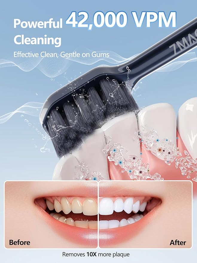 7MAGIC Sonic Electric Toothbrush for Adults and Kids - Up to 180 Days Runtime 42000 VPM Powered Toothbrush 5 Modes &amp 3 Intensities for Sensitive Teeth &amp Braces Includes 8 Brush Heads Navy