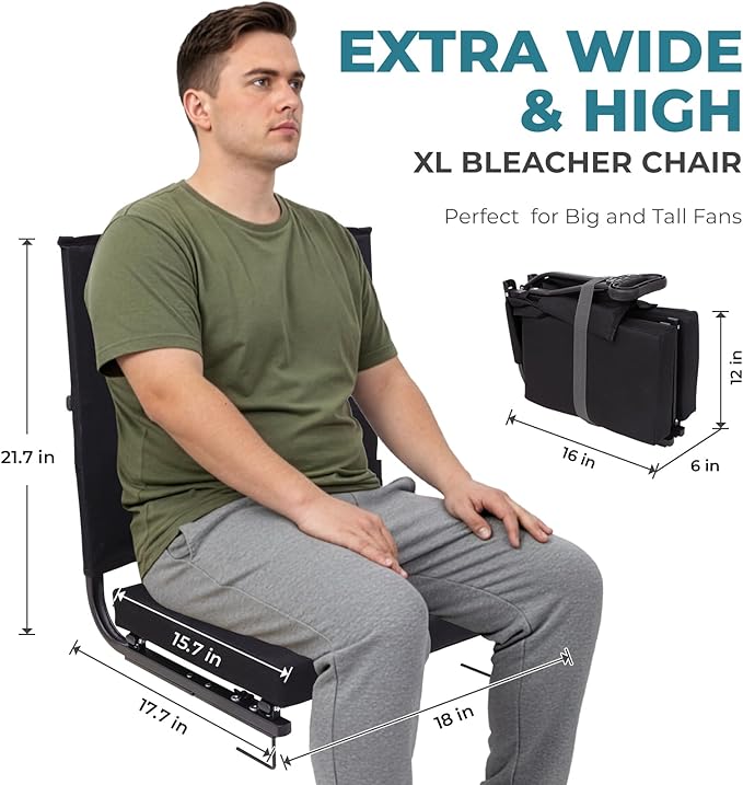 FUNDANGO Extra Wide Stadium Seats with Back Support for Adults Padded Bleacher Chairs with Back and Cushion Folding Bleacher Seats with Shoulder Strap for Football Baseball Sports