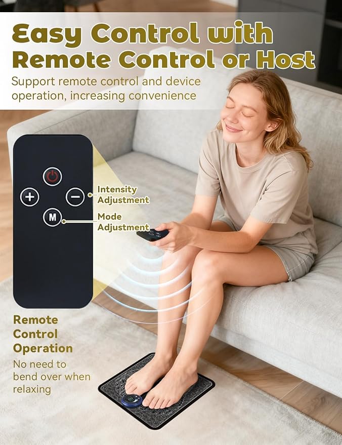 Advanced EMS Foot Massager Plate with Remote Control - 8 Massage Modes 19 Intensity Levels Auto Shut-Off &amp USB Rechargeable for Muscle Relaxation &amp All-Night Comfort