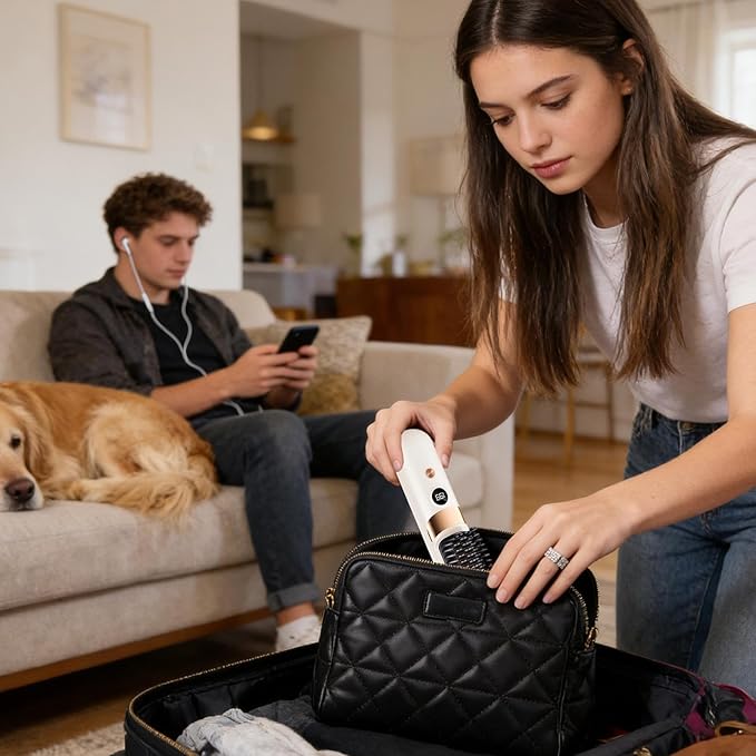 Hair Straightener Brush - Rechargeable with 4 Temperature SettingsHair Straightener Comb Cordless - for Home Travel Apartment College Dorm Vacation Women Wife Family