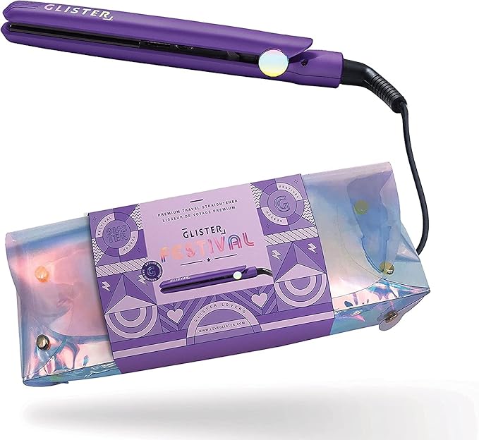 Glister Mini Travel Items with Carrying Pouch Salon-Grade Travel Flat Iron Curler Flat Iron Curling Wand for Normal Thin Dry and Frizzy Hair Holiday Gift for Girls or Guys (Purple &amp Purpl