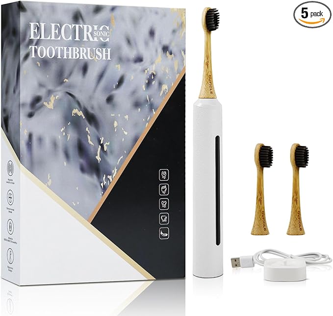 Bamboo Electric Toothbrush for Adults丨Rechargeable Electric Toothbrush with 3 Non Toxic Charcoal Infused Bamboo Brush Heads 5 Cleaning Modes 60 Days Battery Life IPX7 Waterproof-White