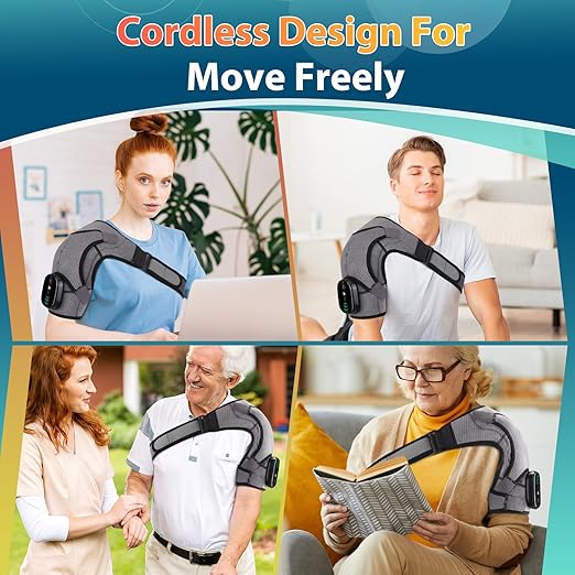 Cordless Portable Shoulder Heating Pad &amp Massager Heating Vibration Shoulder Wrap Shoulder Brace for Pain Relief Rotator Cuff Support for Men &amp Women Black&ampGrey