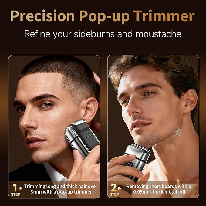 Electric Foil Shaver for MenElectric Razor with Pop-up TrimmerCordless Beard TrimmerWaterproofWet &amp Dry ShavingLED Display2-Speed Mode (Silver)
