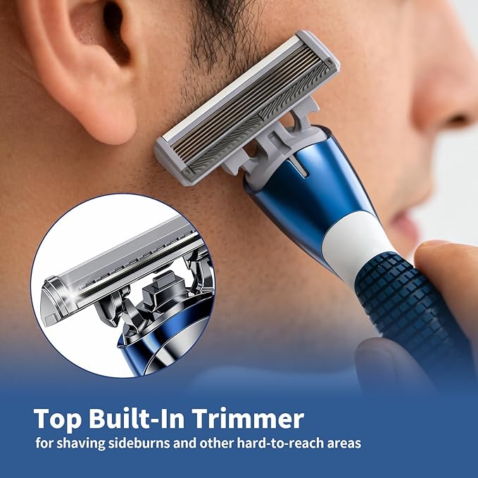 6-Blade Manual Razor for Men with Lubricating Strip 1 Ergonomic Non-Slip Handle Includes 8pack Razor Blade Refill Cartridges with Hanging Hook &amp Cleaning Brush Full Washable Design
