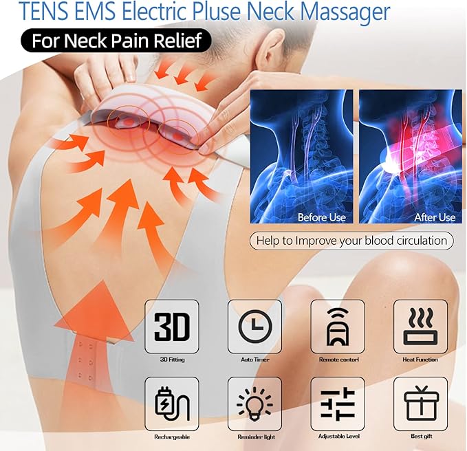 Electric Pulse Neck Massager with Heat for Pain Relief 10 Modes 15 Intensities Therapy Deep Tissue Trigger Point Intelligent Massager Cordless Gifts for Men Women