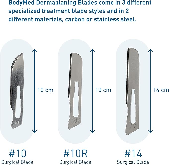 BodyMed Dermaplaning Blades #10 in Stainless Steel 100 PCS - Disposable Individually wrapped Sterile Scalpel Blades for Estheticians Facial Exfoliation Hair Removal Skin Care Surgical &amp