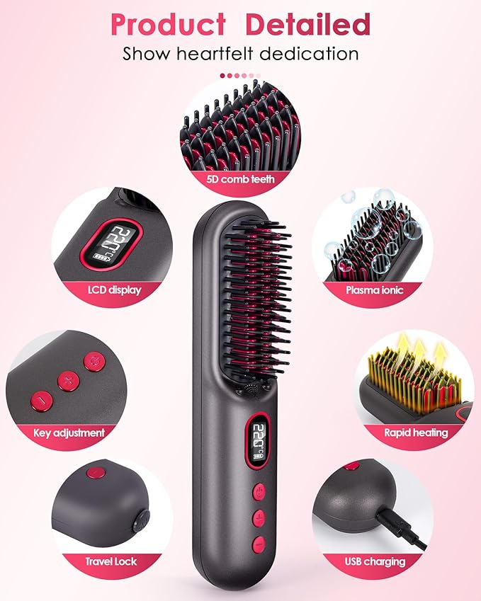 LAMA Cordless Hair Straightener Brush - Portable Hair Brush - 20s Fast Heating - 130 Million Plasma for Frizz-Free Shine 9000mAh Mini Hair Straightener Comb for Women Travel LED Display Hot CombBK