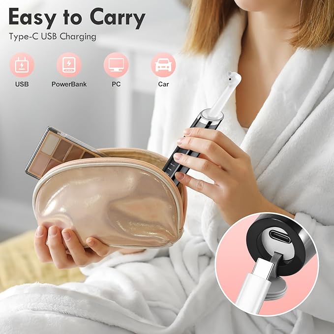Tooth Polisher Rechargeable Teeth Polisher for Daily Cleaning Whitening and Polishing Electric Dental Teeth Polishing with LED Light 5 Brush Heads 5 Speed Modes Waterproof