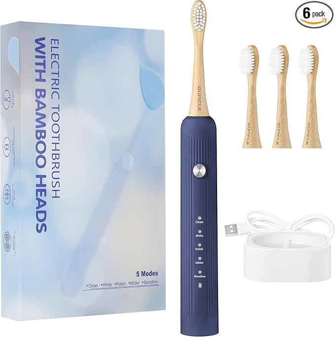 Bamboo Electric Toothbrush for AdultsSonic Electric Toothbrush with 4 Bamboo Heads Soft Castor Oil Bristles 5 Modes Smart Timer Sonic Technology IPX7 Waterproof 70-Day Battery Life-Navy