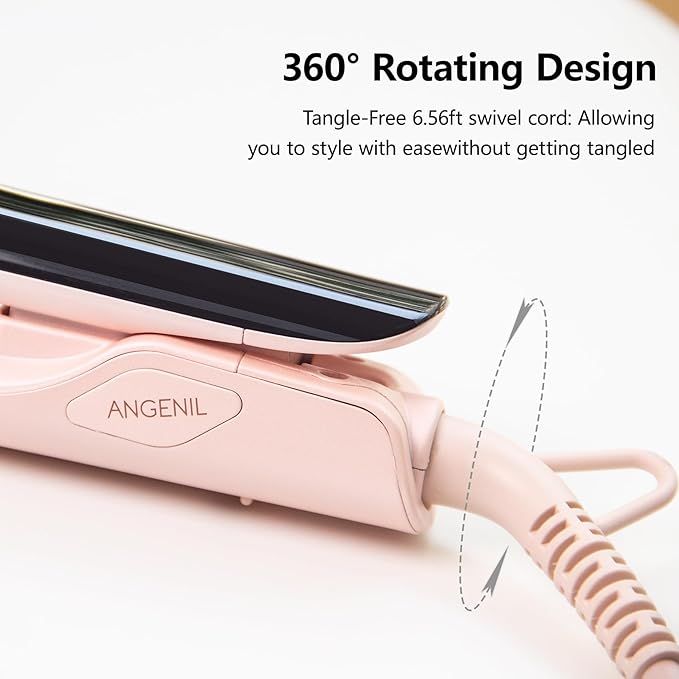 ANGENIL Pro Round Pink Dual Voltage Hair Straightener Irons Titanium Flat Iron Hair Straightener and Curler 2 in 1 with Heat Resistant Silicone Mat Smoothness Large LCD Display 20S Fast Heat Up