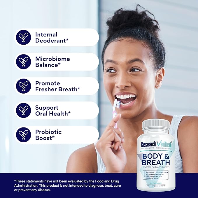 Research Verified Body &amp Breath Natural Deodorant &amp Freshener - Bad Breath &amp Body Odor Supplement - 60 Count (3 Months Supply)