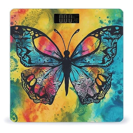 Butterfly Tie Dye Scale for Body Weight Safe Rounded Corners Tempered Glass Digital Bathroom Scale LED Display 400lb Capacity Weight Scales with High Precision Sensors