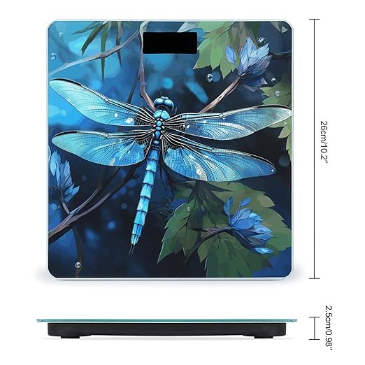 Art Blue Dragonfly Scale for Body Weight Safe Rounded Corners Tempered Glass Digital Bathroom Scale LED Display 400lb Capacity Weight Scales with High Precision Sensors