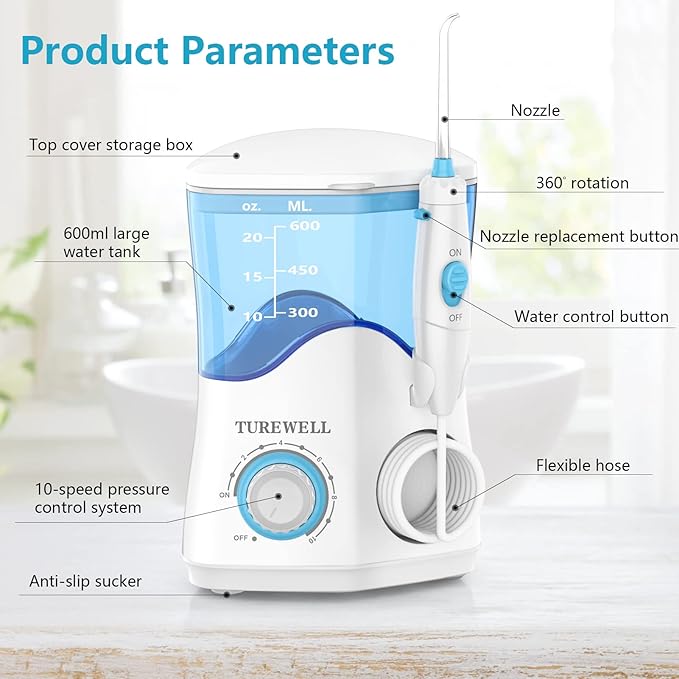 TUREWELL Water Dental Flosser for Teeth/Braces Water Teeth Cleaner 8 Jet Tips and 10 Pressure Levels 600ML Large Water Tank Oral Irrigator for Family(White)