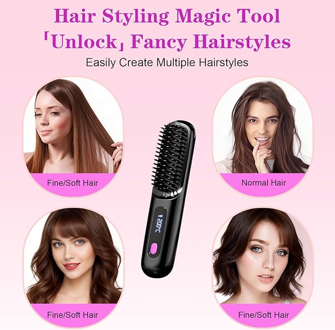 Go Brush Pro Cordless Hair Straightener Brush Portable Straightener Brushs for Travel Fast Heating Cordless Mini Hair Brushs with LED Display 3 Adjustable Temperatures Purple