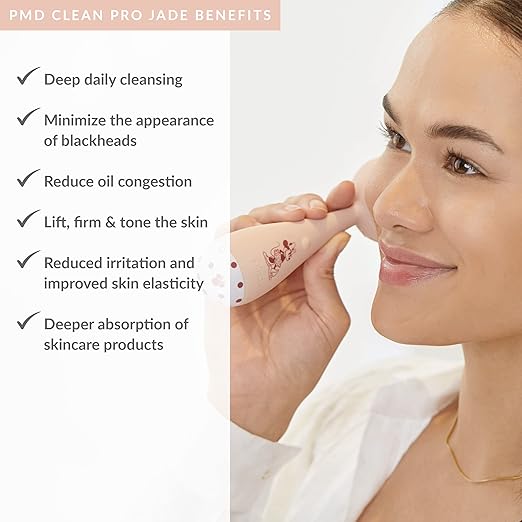 PMD Beauty x Disney Minnie Mouse Clean Pro Jade-Smart Facial Cleansing Device with Silicone Brush &amp Gemstone ActiveWarmth Anti-Aging Massager-Waterproof-SonicGlow Vibration-Clear Pores &amp Black
