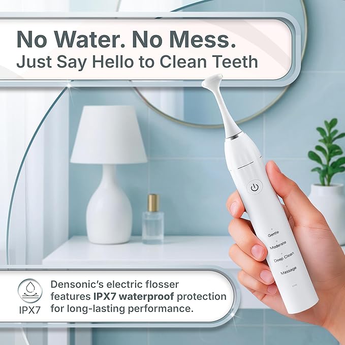 Electric Flosser Kit with Tongue Scraper | No Water No Mess | Easy Gliding Dental Floss for Gentle Gum Care | Cordless Sonic Power | 50 Replaceable Heads [Celeste Blue]