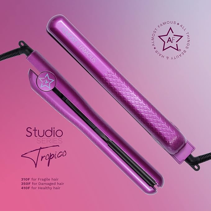 Almost Famous Tropico Tourmaline Ceramic 1.25 Professional Hair Straightener Flat Iron Pro for Hair Styling Tourmaline Ceramic Panel with Adjustable Temperature - (Purple (Updated Model)