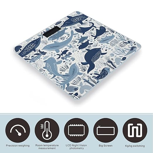 Turtle Octopus Pattern Ocean Theme Scale for Body Weight Highly Accurate Digital Bathroom Scale Sturdy Tempered Glass Weighing Scales with LCD Display Fashion Body Fat Smart Scales 400lb