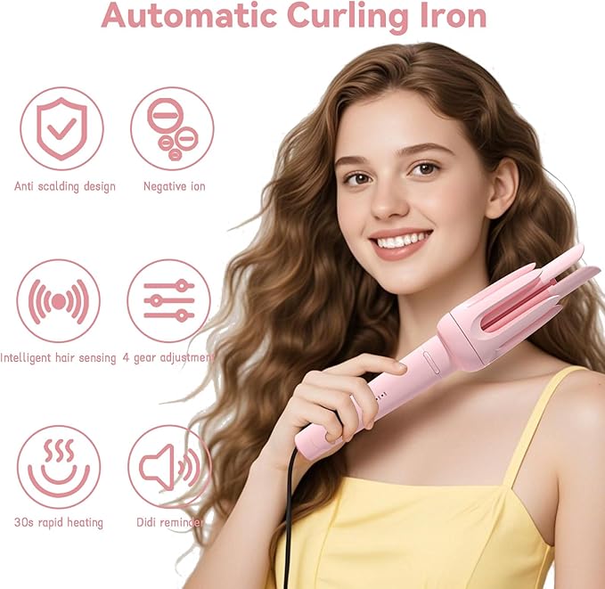 Automatic Curling Iron 1.25Inch Wave Curling Iron Fast Heating Hair Curling Wand with 3 Temp &amp LED Display 60Min Auto Shut-Off Anti-Scald Anti-Tangle Rotating Curling Irons for Hairstyle (Pink