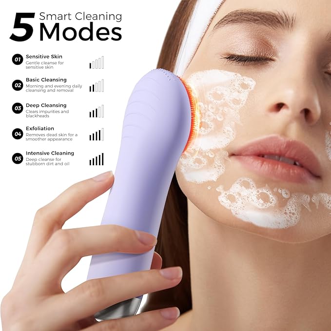 Face Scrubber Facial Cleansing Brush - Waterproof and Rechargeable Face Cleansing Brush with 4 LED Gentle Light Cleansing Exfoliating and Massaging Electric Face Scrub Brush for Men &amp Women