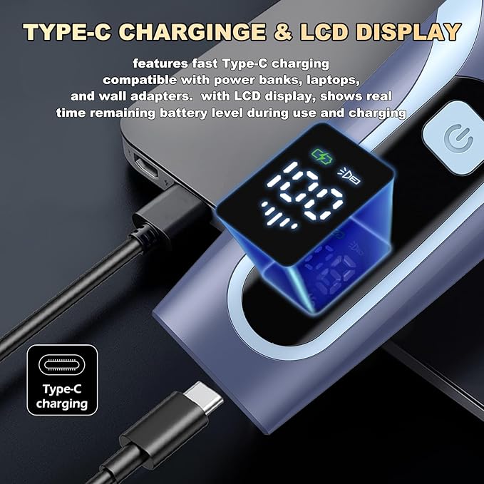 Beard Trimmer for men Vacuum Mustache Trimmer with Type-C Charging IPX7 Waterproof Electric Shaver Body Hair Trimmer for Men with LCD Display Length Adjustable Blade Wheel (1/25-4/5) (Blue)