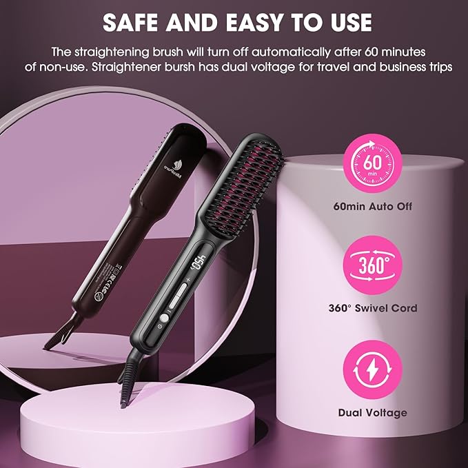 MiroPure Hair Straightener Brush with Plasma Technique Ceramic Straightening Brush with 16 Temp Settings 30s Fast Heating Hair Straightener Comb for Women with LED Display &amp Dual Voltage Black
