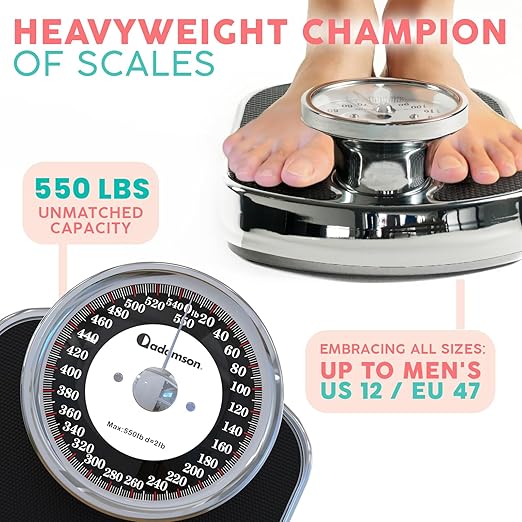 Adamson A28 Bathroom Scales - Up to 550lb Heavy Weight Anti-Skid Rubber Surface Extra Large Numbers - High Precision Weighing Scales for Body Weight - Durable with 20-Year Assurance - New Version