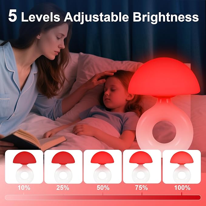 Mushroom Red Light Lamp for Sleep 670nm Deep Sleep Red Night Light - 4 Color and 5 Dimmable Remote Control with 30-90min Timer Bedroom LED Nightstand Lamp Glass Shade White Ceramic Base