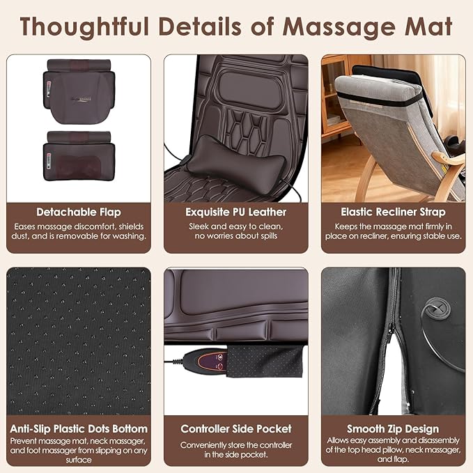 Full Body Massage Mat with Heat &ampVibration - PU Leather Shiatsu Back Massager Heat Timer Neck&amp Foot Massager Lumbar Pillow&ampHead Pillow Massage Chair Pad Anti-Slip Bottom for Stress Relief