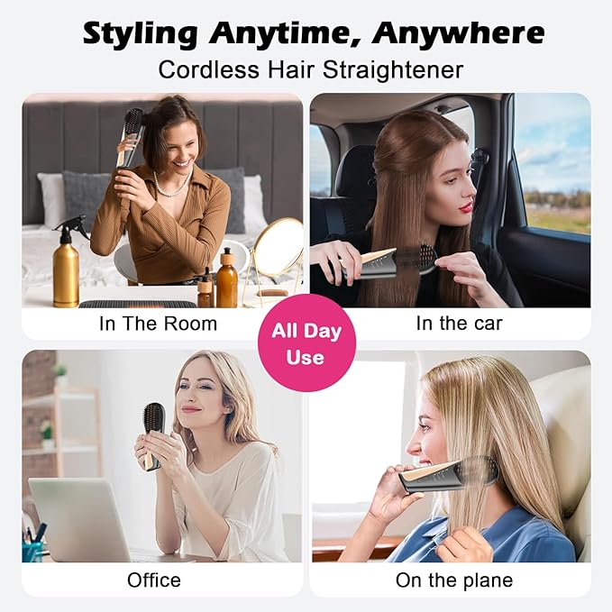 Go Brush Pro Cordless Hair Straightener Brush - Portable Travel-Friendly 30s Quick Heat 10000mAh USB-C Rechargeable 150M Negative Ions (Strai-Grey)