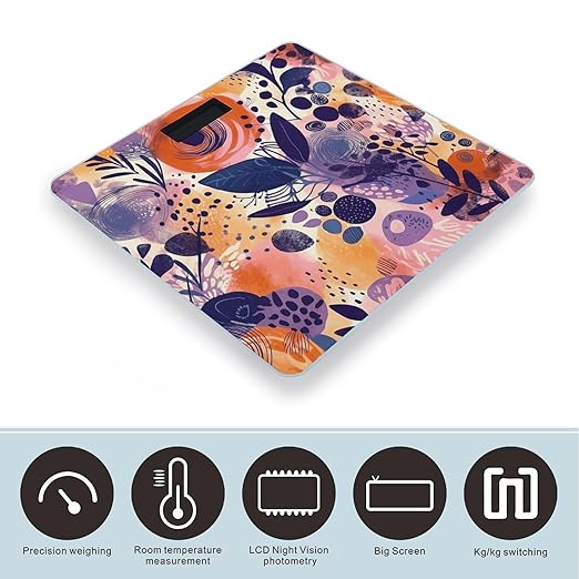 Hand Drawn Floral Pattern Scale for Body Weight Anti-Slip Tempered Glass Digital Bathroom Scales Clear LCD Display Weighing Scale Safe Rounded Corners Smart Scales