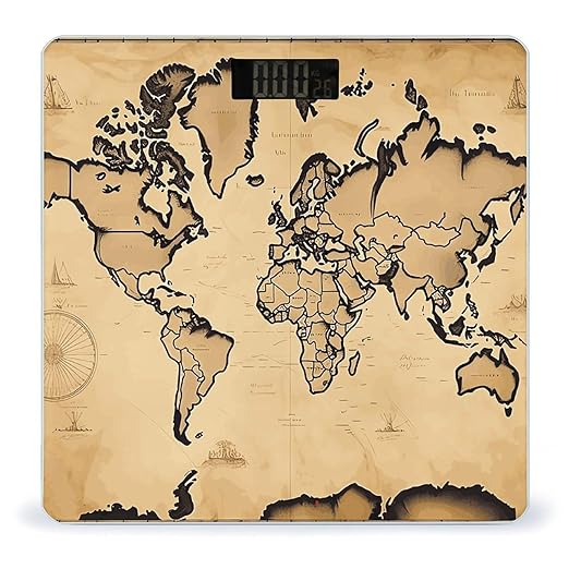 Vintage World Map Scale for Body Weight Anti-Slip Digital Bathroom Scale Sturdy Toughened Glass Weighing Scales High Precision Safe Rounded Corners Smart Scales