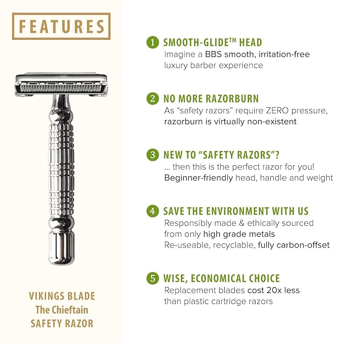 VIKINGS BLADE Double Edge Safety Razor for Men + 5 Swedish Steel Blades + Luxury Case. Smooth Reusable Eco-Friendly (The Chieftain)