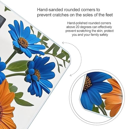 Blue and Orange Flowers on White Background Scale for Body Weight Highly Accurate Digital Bathroom Body Scale Digital Bathroom Scales for People Anti-Slip Large LCD Display Smart Scales