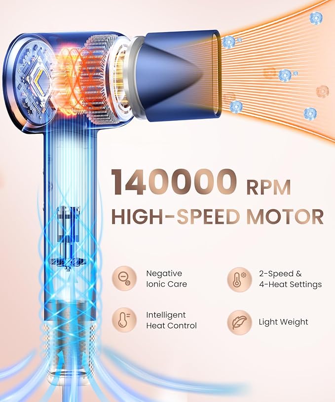 Hair Dryer 140000 RPM High-Speed Brushless Motor Negative Ionic Low Noise Blow Dryer for Fast Drying Thermo-Control Quiet Compact with Magnetic Nozzle for Home Travel Salon UseBlue