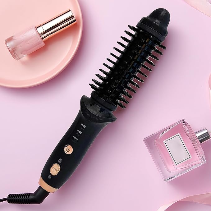 Cordless Heated Round Brush for Travel Mini Thermal Curling Iron for Short Hair USB Rechargeable Small Barrel Volume Heat Styling Curling Brush for Men and Women Curly Straight Hair (Black)