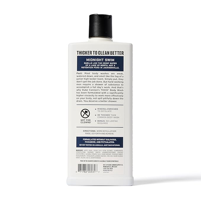 Duke Cannon Supply Co. Thick High Viscosity Body Wash - 3X Thicker Plant-Based Body Wash for Men with Lasting Scent - Mens Body Scrub - Sawtooth Midnight Swim &amp Bourbon (18oz)