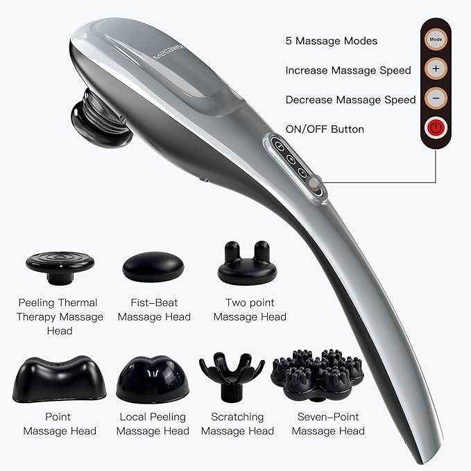 MEGAWISE Handheld Back Massager | Deep Tissue Percussion Massage for Back Neck Shoulders Waist and Legs (Cordless Silver)