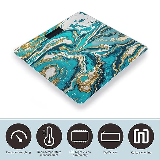 Turquoise Blue Gold Marble Bathroom Scale for Body Weight with High Precision Large LCD Backlight Display Digital Weighing Scale with BMI Capacity Up to 180kg