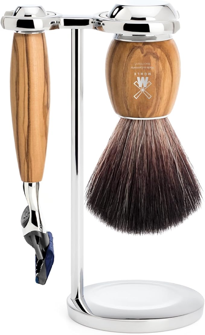 MÜHLE VIVO Olive Wood 3-Piece Black Fibre 5-Blade Razor Shaving Set