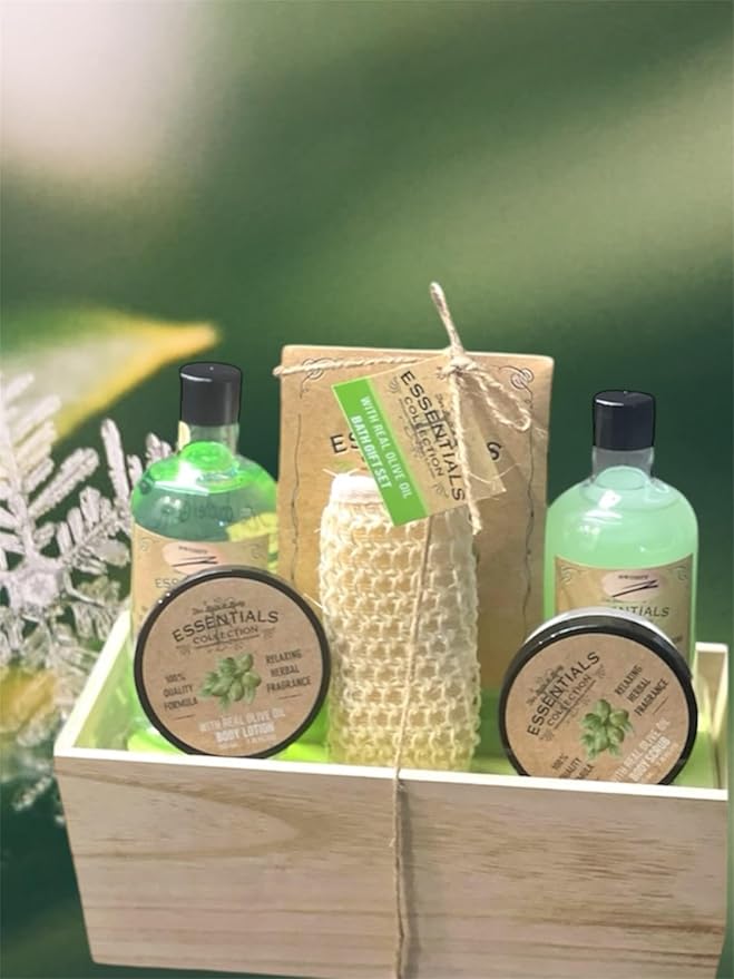 Gift Sets for Bath Spa Shower |6-piece wellness set|260ml shower gel 260ml bubble bath300g bath salt50ml body scrub50ml body lotionsisal pad feature: In wooden Basket.