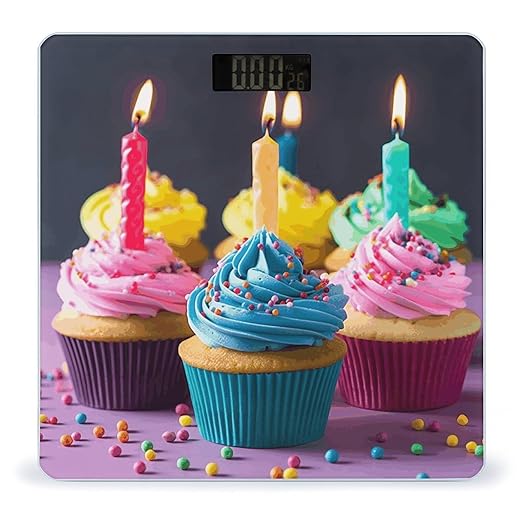 Colorful Happy Birthday Cupcakes Bathroom Scale Weight Scale for Body WeightHighly Accurate Digital Weighing Machine Clear LED Display Digital Bathroom Body Scale 400lb/182kg