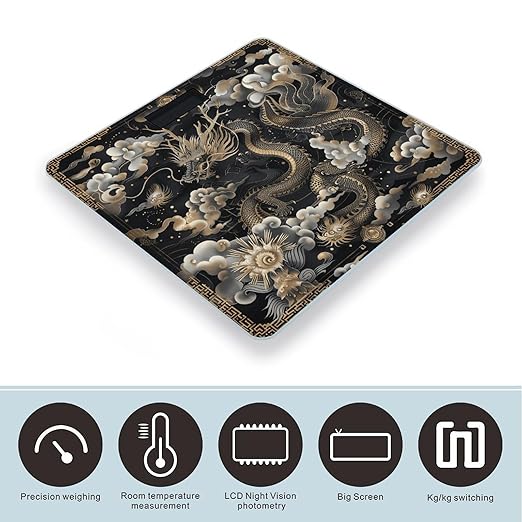 Black Chinese Dragon Bathroom Scale for Body Weight LCD Display Digital Bathroom Scale Tempered Glass Bathroom Weight Scales Fashion Smart Scales for Home Bedroom 400 Lb
