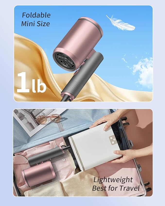 Foldable Portable Ionic Hair Dryer 1600W - Compact Mini Blow Dryer with Diffuser Concentrator &amp Comb Nozzle Intelligent Temperature Control Low Noise for Home Salon &amp Travel (PinkGrey)