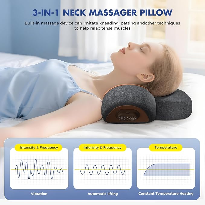Neck Massager Pillow with Heat 3-in-1 Shiatsu &amp Cervical Traction for Pain Relief Ergonomic Shoulder Massager and Posture Corrector for Men &amp Women Corded Electric（Dark Gray）