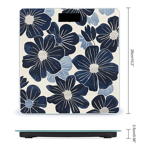 Navy Blue Flowers Scale for Body Weight Sturdy Tempered Glass Weighing Scales with LCD Display Accurate Digital Bathroom Scale Convenient Body Fat Smart Scales Easy Read